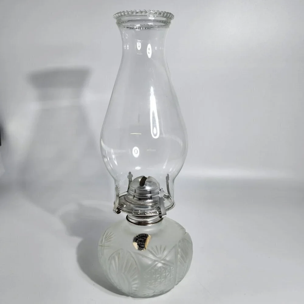 Frosted Glass Lamplight Farms Oil Lamp Embossed Floral Details Clear Chimney VTG